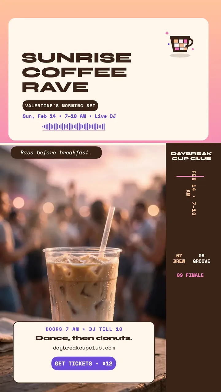 Daybreak Cup Club sunrise coffee rave story template
