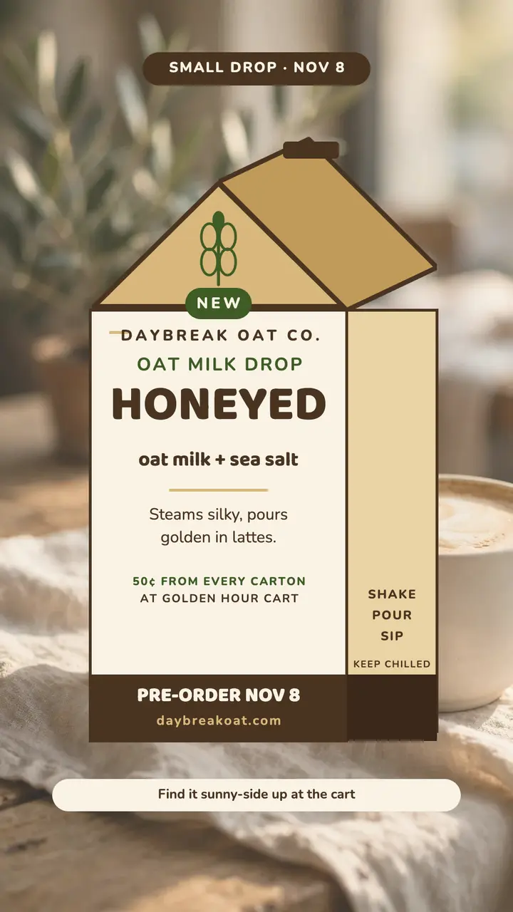 Daybreak Honeyed Oat milk launch story template