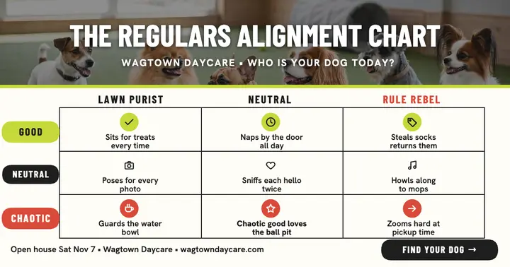 Wagtown Daycare regulars chart post: dog daycare post template