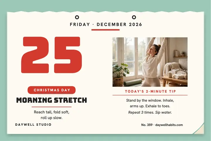 Daywell morning stretch calendar page: wellness calendar postcard template