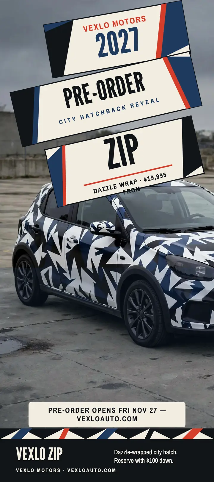 Vexlo Zip dazzle hatchback reveal rack card: car pre-order rack card template