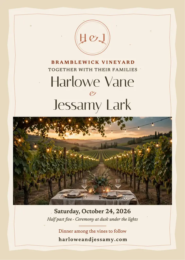 Harlowe and Jessamy vineyard dusk invitation template