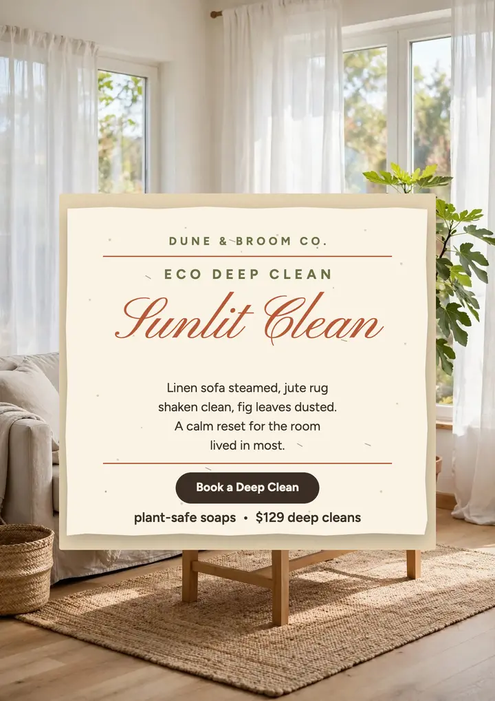 Dune and Broom sunlit clean flyer: eco cleaning flyer template