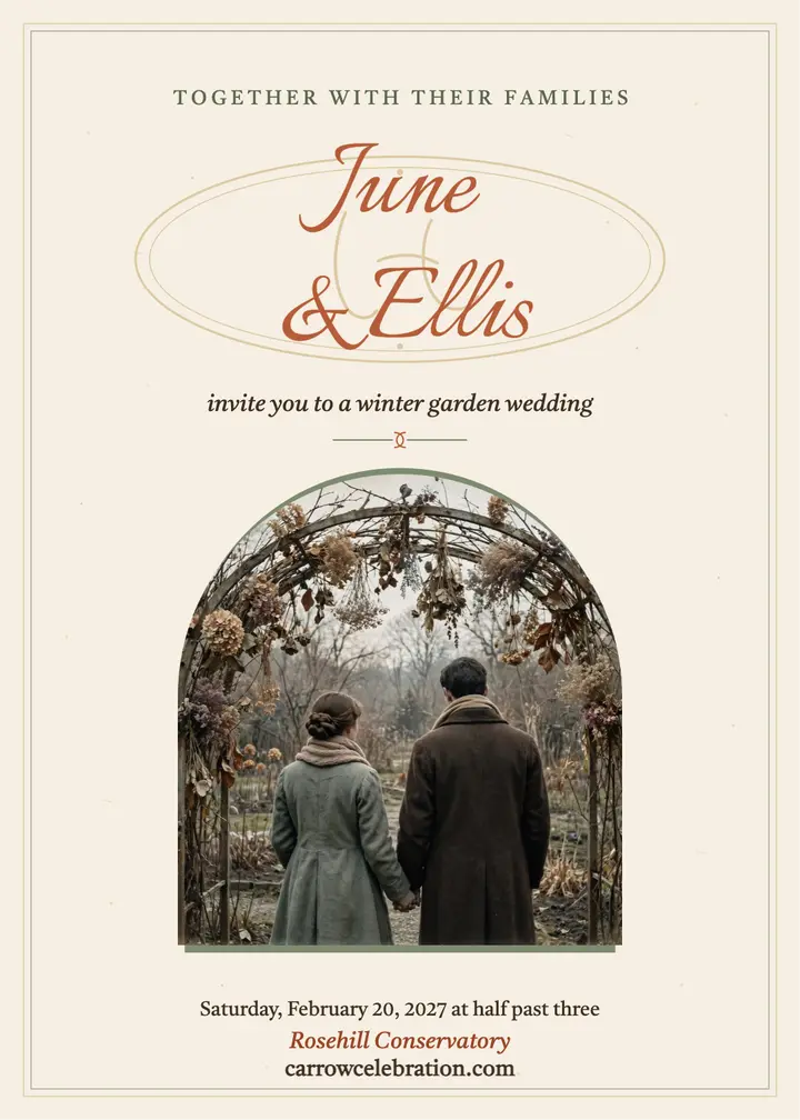 June and Ellis winter garden invitation: winter wedding invitation template