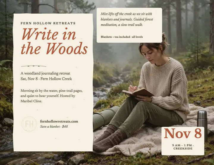 Fern Hollow woodland journaling retreat flyer template