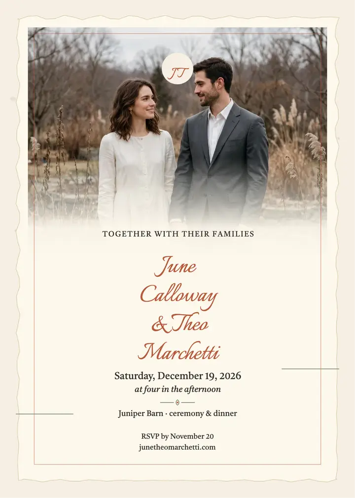 June and Theo deckled winter invitation: winter wedding invitation template