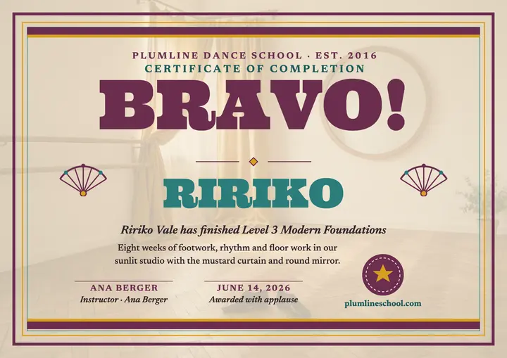 Plumline Bravo dance completion certificate template