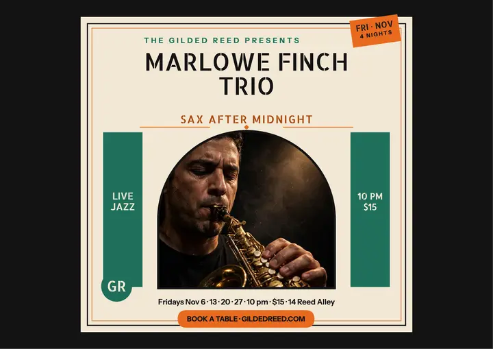Gilded Reed sax trio residency certificate: jazz club poster template