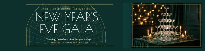 Gilded Crane New Year Eve gala banner: new year's eve party banner template
