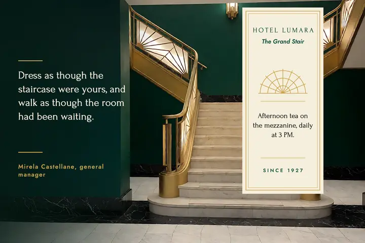 Hotel Lumara grand staircase quote postcard template