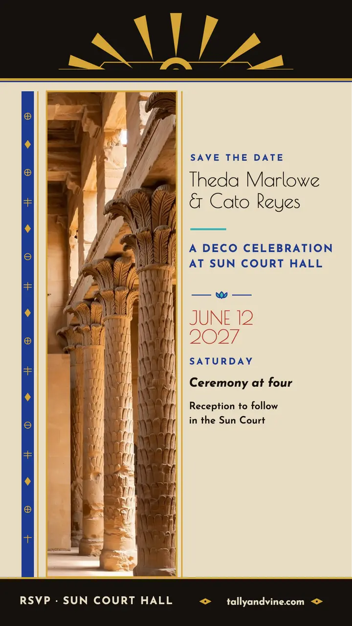Theda and Cato deco sun court save the date template