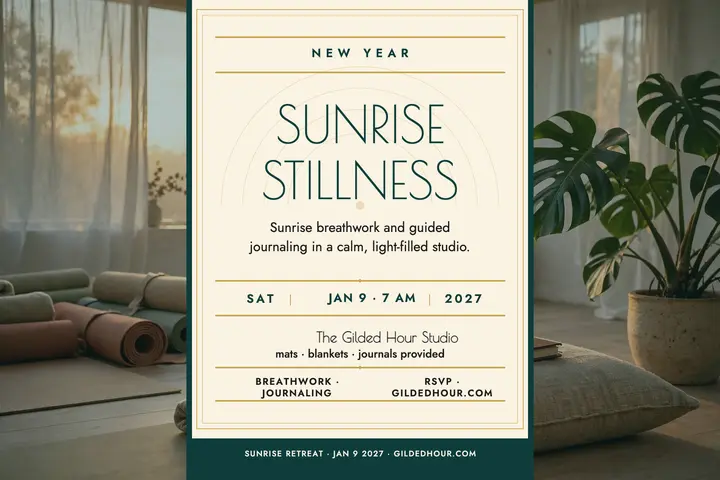 Gilded Hour sunrise breathwork retreat postcard: breathwork retreat postcard template