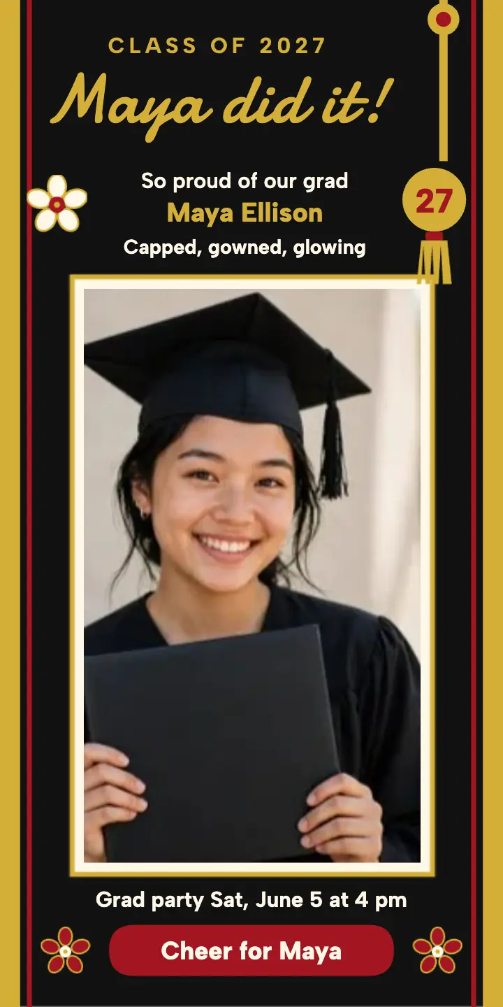Maya graduation gold cap ad: graduation party ad template