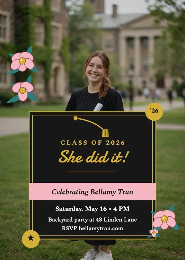 Bellamy Tran decorated grad cap invitation template