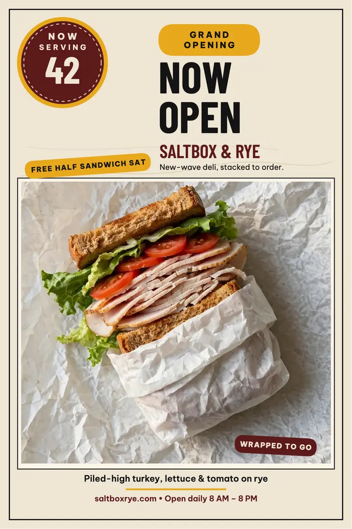 Saltbox and Rye deli grand opening poster template