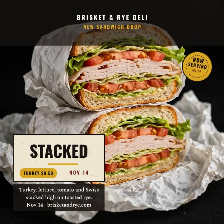 Brisket and Rye stacked sandwich launch template