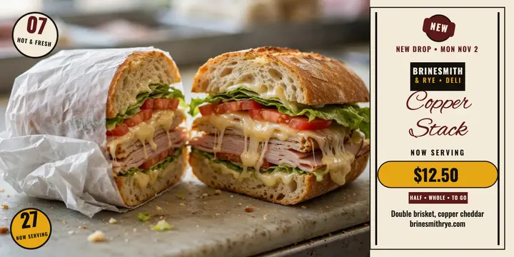 Brinesmith and Rye Copper Stack launch post: deli sandwich launch post template