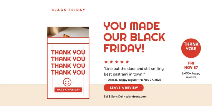 Sal and Sons Black Friday thank you bag post: deli thank you post template