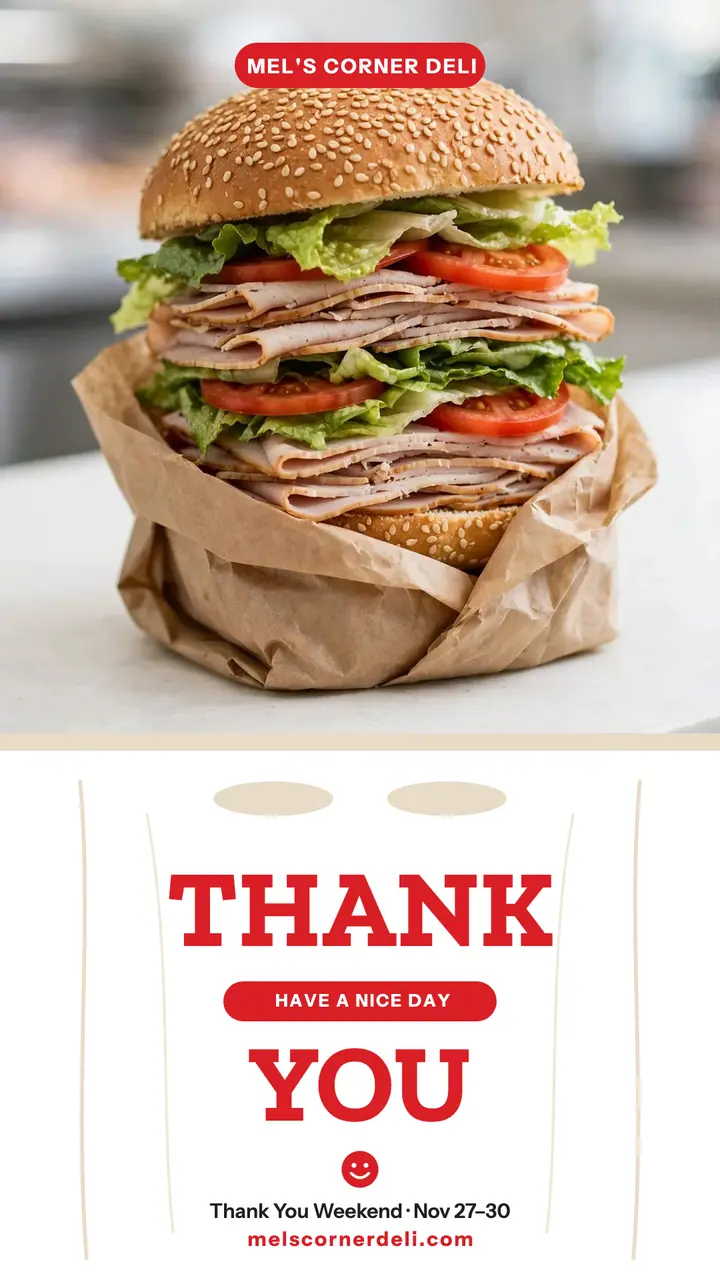 Mel's Corner Deli thank you bag story template