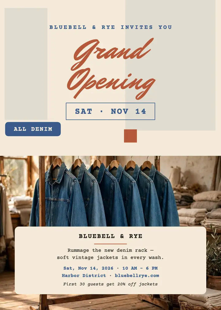 Bluebell and Rye denim opening invite template