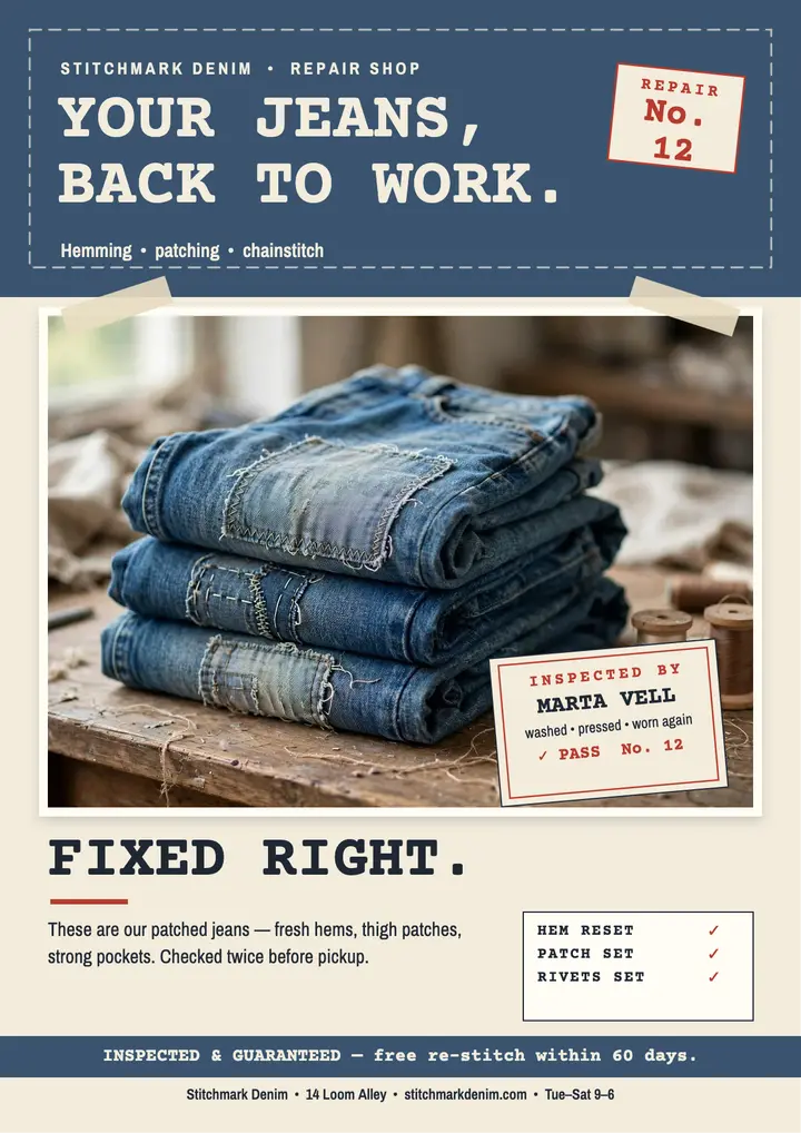 Stitchmark Denim repair flyer template