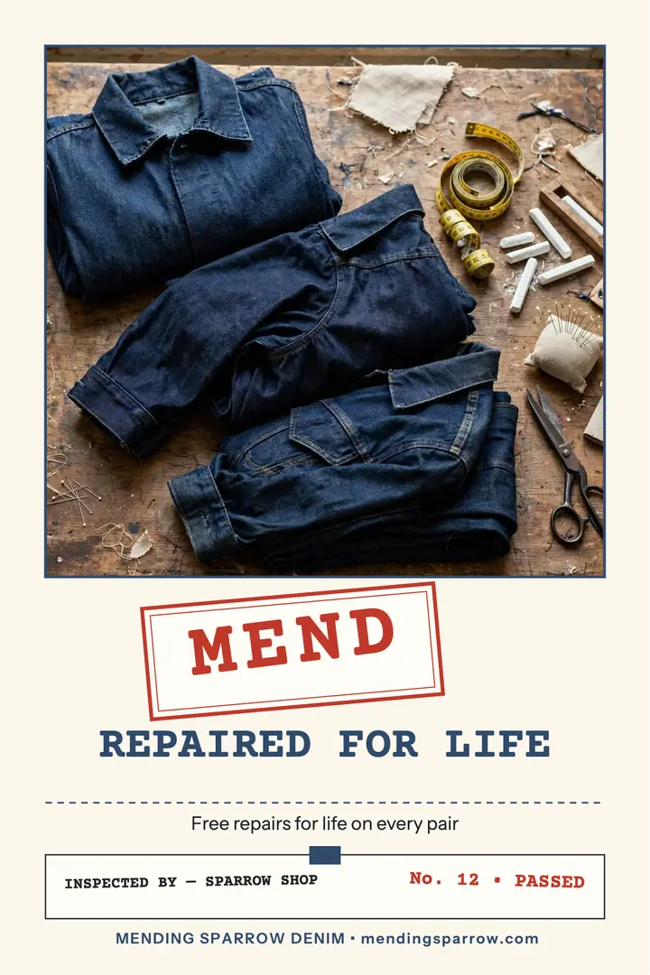 Mending Sparrow denim repair guarantee poster: denim repair poster template