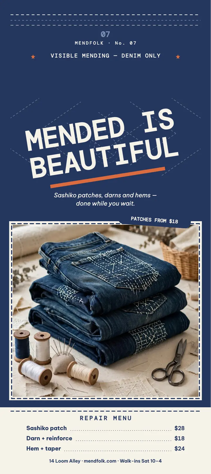 Mendfolk denim mending menu rack card template