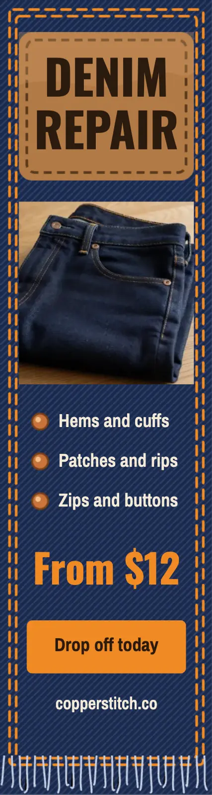 Copperstitch Denim Repair skyscraper: jeans repair skyscraper ad template