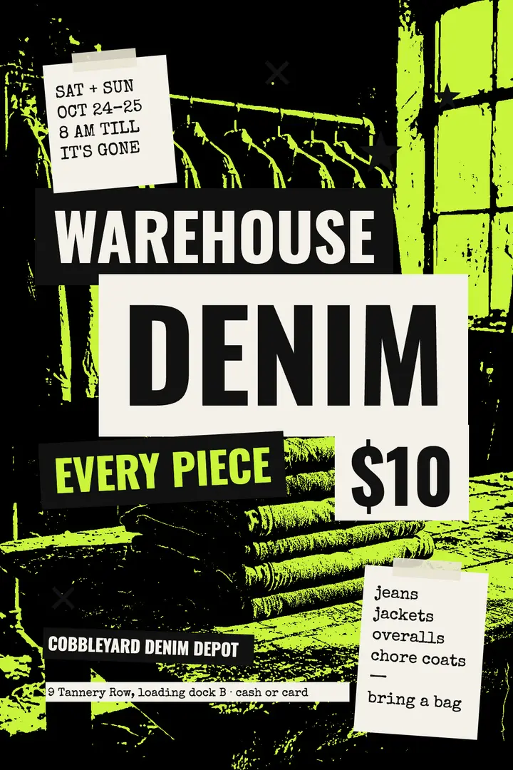 Denim warehouse sale, photocopy zine template