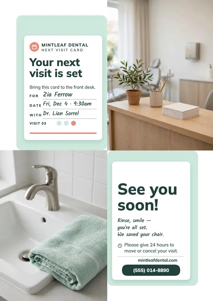 Mintleaf Dental next visit flyer template