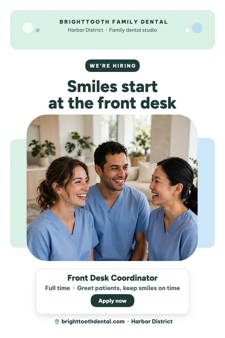 Brighttooth dental front desk hiring poster template