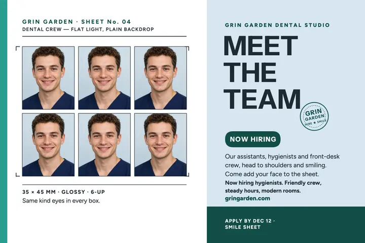 Grin Garden meet the team ID sheet: dental team postcard template