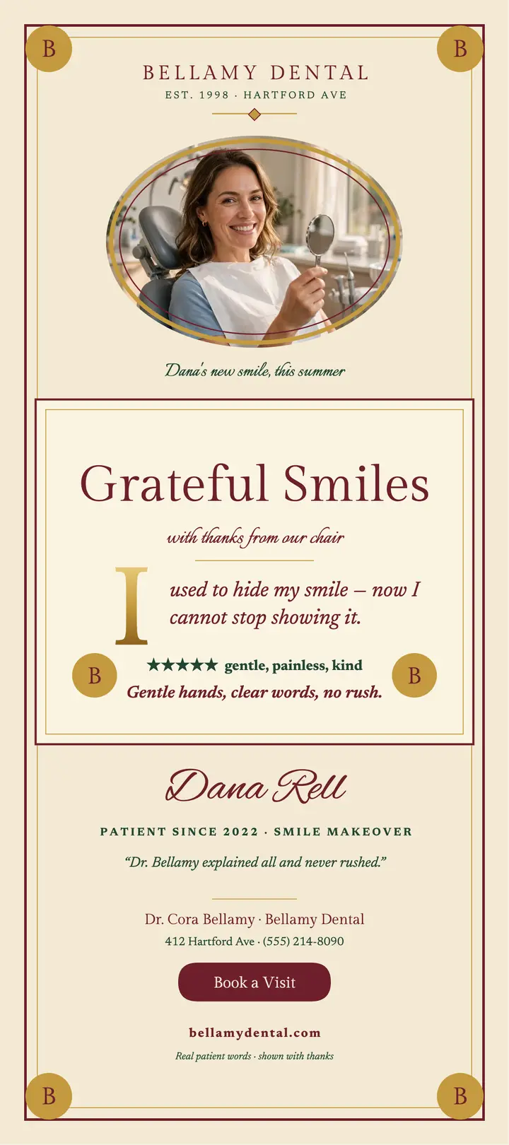 Bellamy Dental illuminated testimonial rack card template