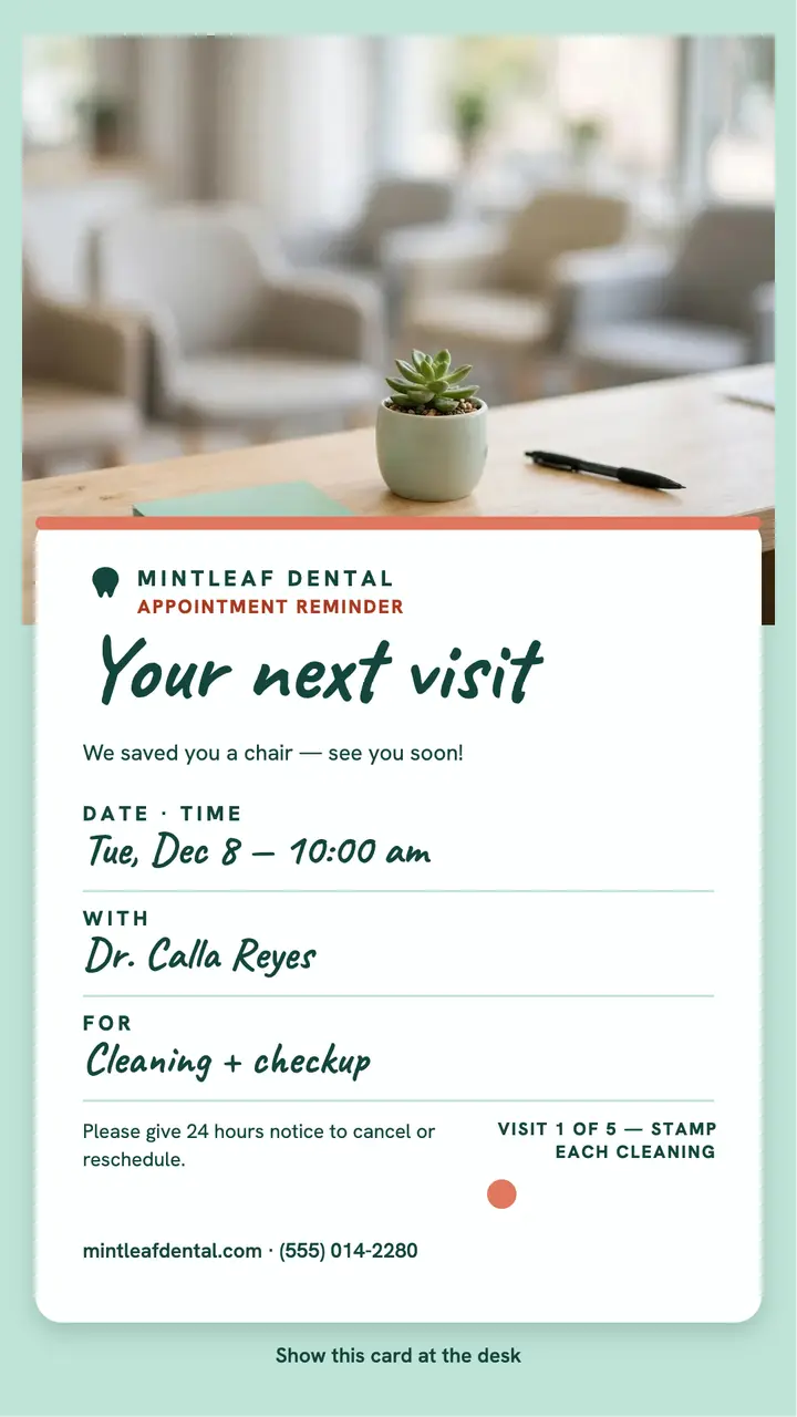 Mintleaf Dental next visit reminder story template