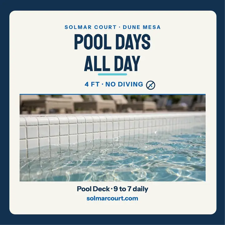 Solmar Court pool days travel post template