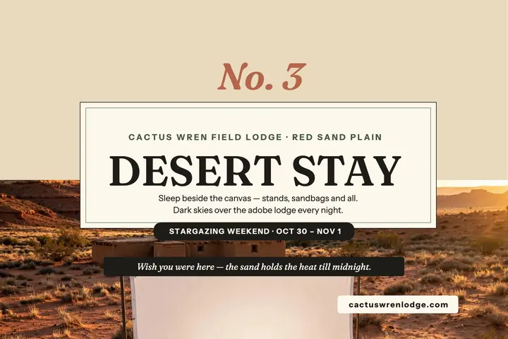 Cactus Wren desert stay postcard: desert lodge postcard template