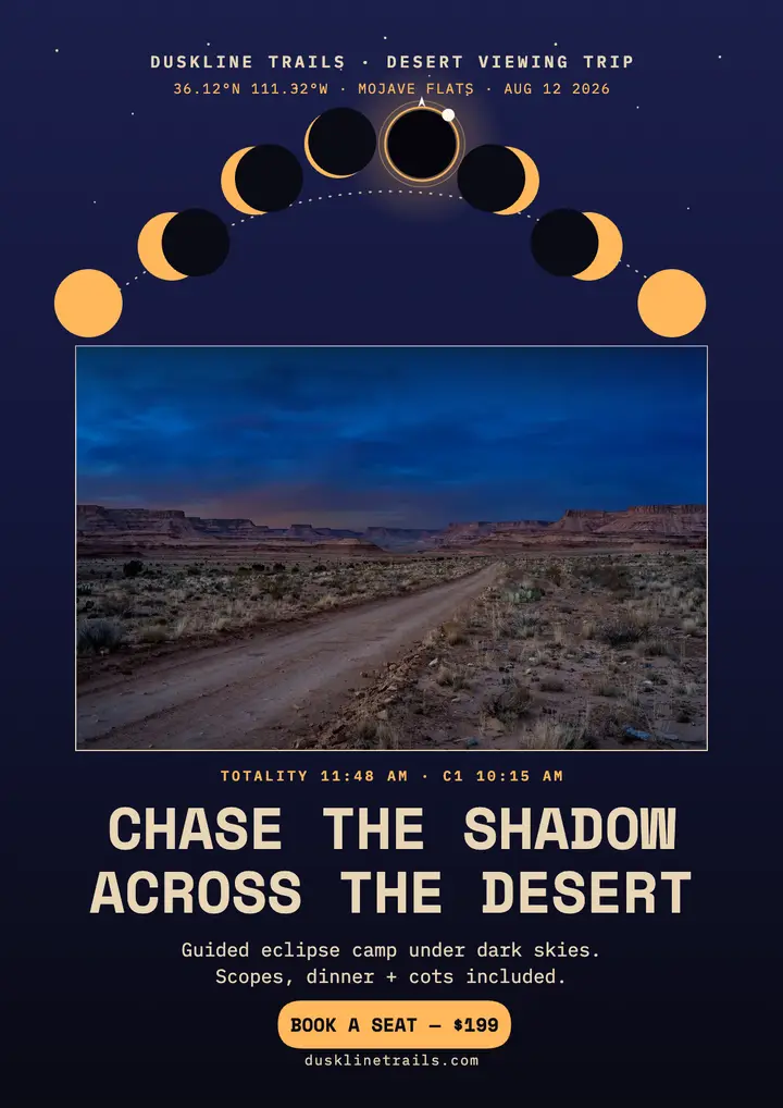 Duskline desert eclipse camp flyer: eclipse trip flyer template
