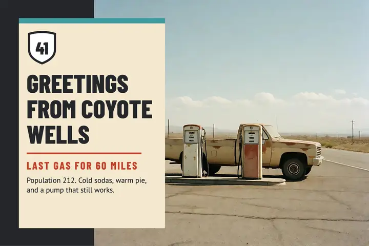 Coyote Wells desert gas stop postcard template