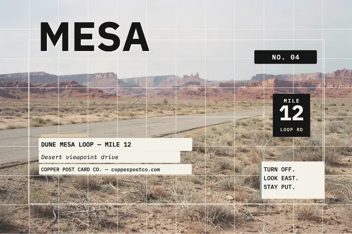 Dune Mesa Loop desert drive postcard template