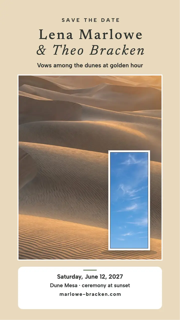 Desert mirror wedding save-the-date story: desert save the date story template