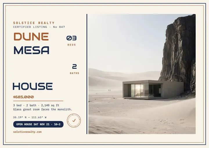 Dune Mesa House desert listing certificate: real estate listing certificate template