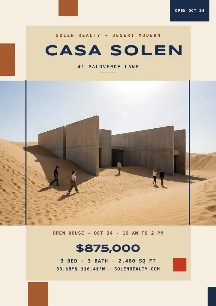 Casa Solen desert monolith open house flyer template