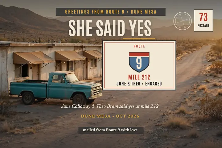 Desert motel engagement postcard, Route 9 template
