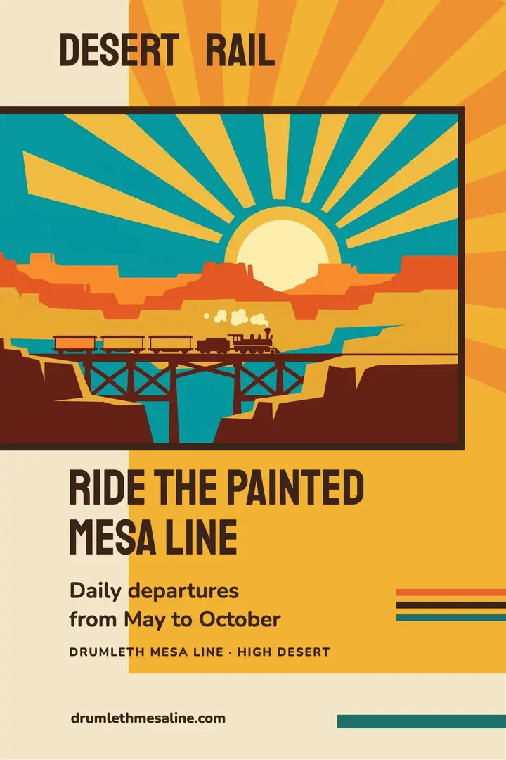 Painted Mesa Line desert railway travel poster template