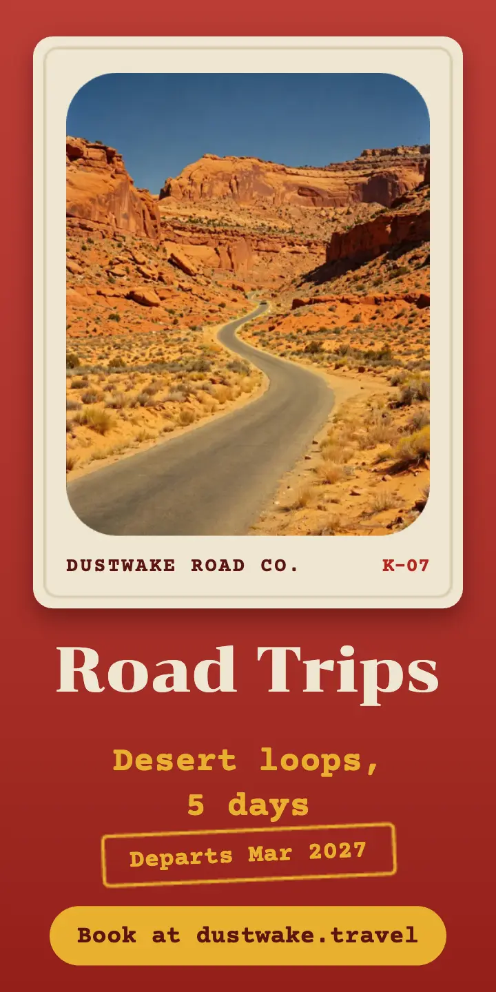 Dustwake desert road trip slide half-page ad template