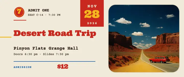 Desert road trip slide night ticket: slide show night ticket template