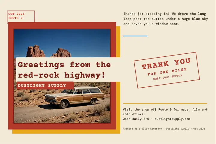 Dustlight Supply desert slide thank-you postcard template
