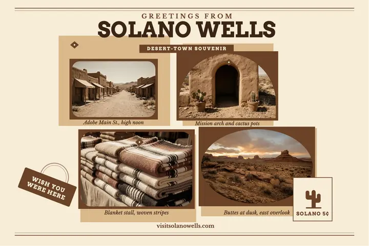 Solano Wells desert town postcard template