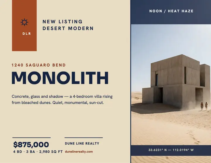 Dune monolith villa flyer: villa listing flyer template