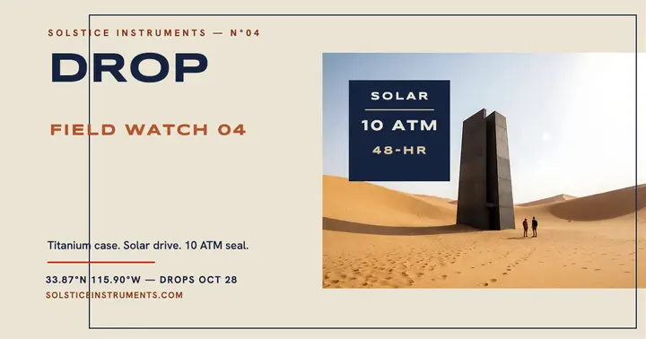 Solstice Field Watch desert drop post: solar watch launch post template